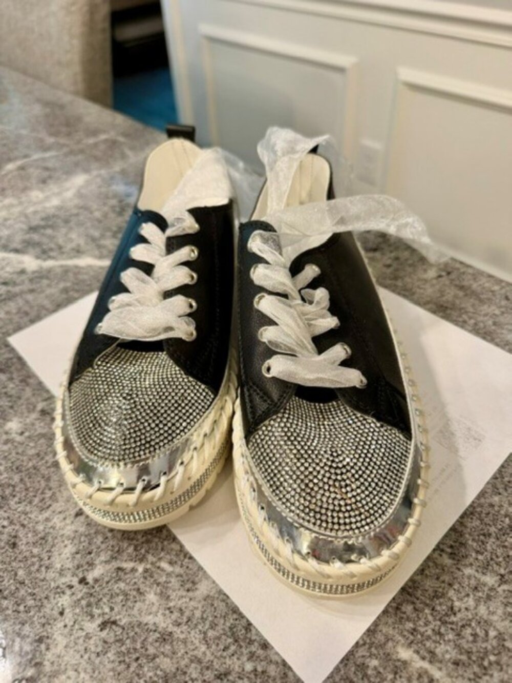 Trendy Black Rhinestone Sneakers with lace tie-up